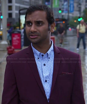 Tom's blue striped and dotted shirt on Parks and Recreation