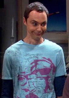 Sheldon's blue and purple graphic tee on The Big Bang Theory
