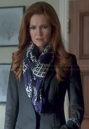 Abby's blue printed scarf and black coat on Scandal