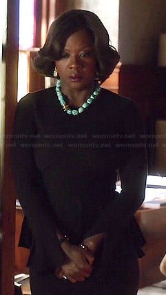 Annalise's black peplum sweater and turquoise necklace on How to Get Away with Murder