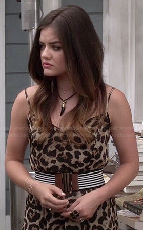 Aria's leopard print maxi dress and striped belt on Pretty Little Liars