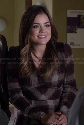 Aria's plaid long sleeve dress on Pretty Little Liars