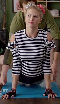 Dennah's striped yoga top with cutout shoulders and bows on Marry Me