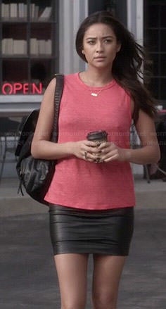 Emily's red open back tank top and leather skirt on Pretty Little Liars