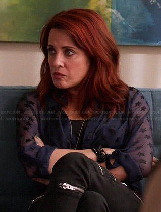 Jo's sheer blue star print shirt on Girlfriends Guide to Divorce