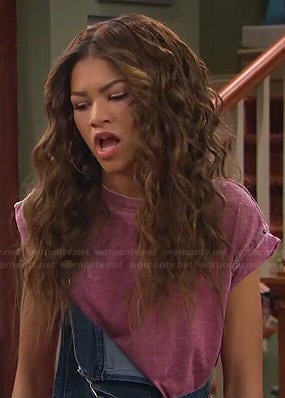 KC's purple burnout tee and denim overalls on KC Undercover