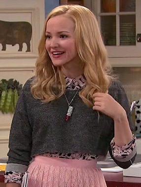 Liv's nail polish print shirt, grey cropped sweater and pink pleated lace skirt on Liv and Maddie