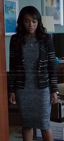 Michaela's marled knee length dress and black striped jacket on How to Get Away with Murder