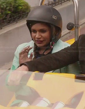 Mindy's green ombre jacket and blue dotted sweater on The Mindy Project