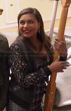 Mindy's grey houndstooth dress and black lace sleeved jacket on The Mindy Project
