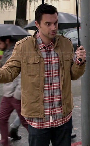 Nick's grey and orange plaid shirt and tan jacket on New Girl