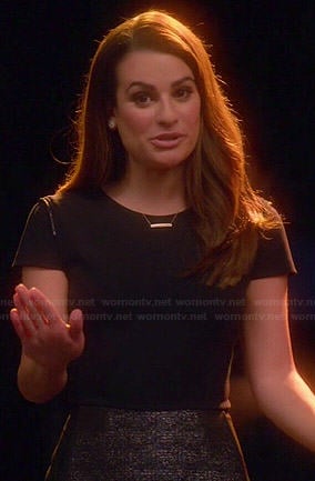 Rachel's black cap sleeve dress with tweed skirt on Glee