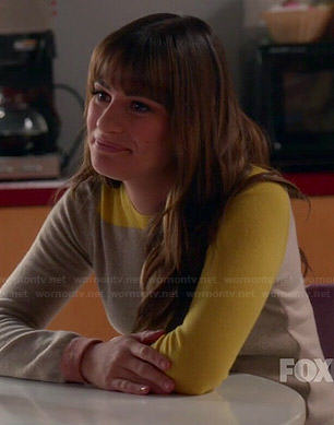 Rachel's beige and yellow colorblock sweater on Glee