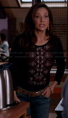 Regina's black embroidered front top on Switched at Birth
