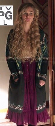 Scarlett's grey and green long patterned cardigan on Nashville
