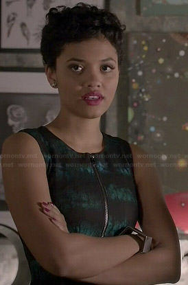 Sophia's black and green striped zip-front dress on Eye Candy