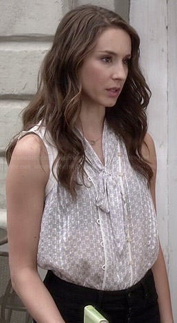 Spencer's grey bow front top and black button fly jeans on Pretty Little Liars