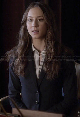Spencer's striped shirt and navy blazer on Pretty Little Liars