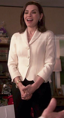 Alicia's white scalloped hem jacket on The Good Wife