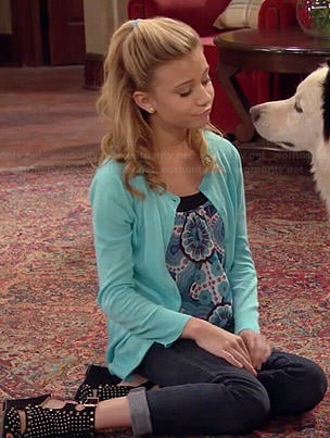 Avery's blue printed top and black studded wedges on Dog with a Blog
