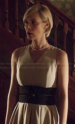 Bonnie's beige v-neck dress with black waist on How to Get Away with Murder