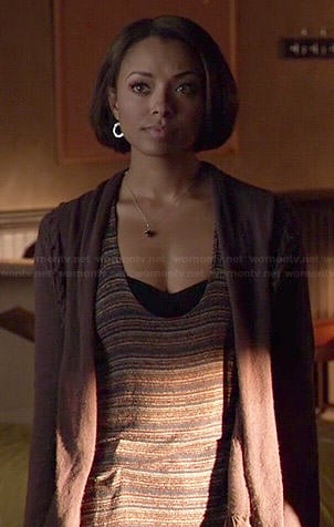 Bonnie's striped tank top and purple cable knit cardigan on The Vampire Diaries