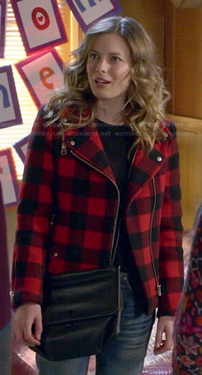 Britta's red buffalo checked moto coat on Community