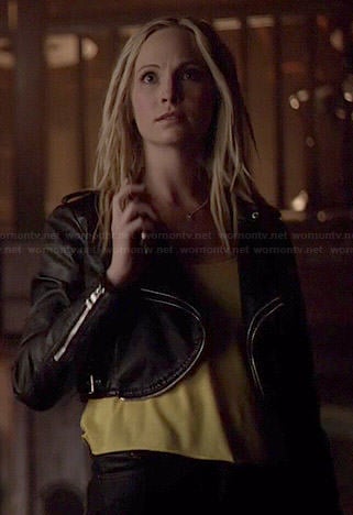 Caroline's curved cropped leather jacket on The Vampire Diaries