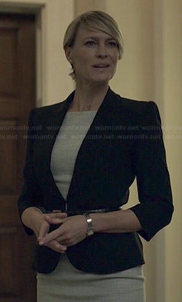 Claire's grey short sleeve dress and black belted blazer on House of Cards
