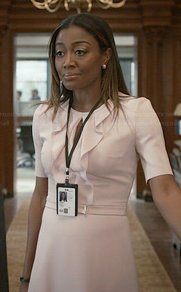 Daisy's pink ruffled front keyhole dress on Madam Secretary