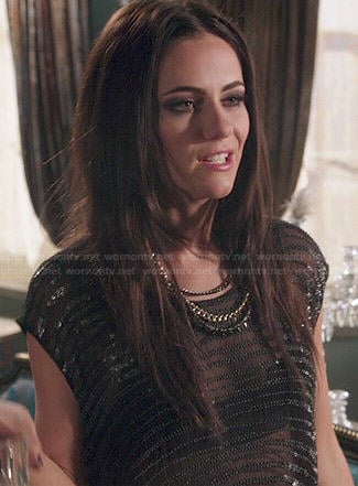 Princess Eleanor's sheer bead striped dress and metallic leggings on The Royals