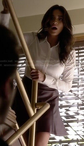 Emily's white button down shirt and burgundy leather skirt on Pretty Little Liars