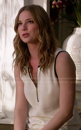Emily's white zip front top with black trim on Revenge