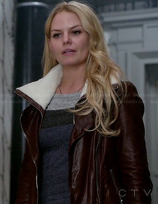 Emma's grey and blue colorblock top and burgundy leather jacket with white fleece on Once Upon a Time