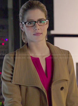 Felicity's pink split-neck dress and camel coat on Arrow