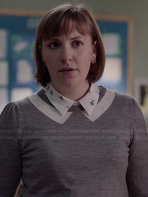 Hannah's chair print shirt and grey collared sweater on Girls