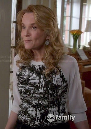 Kathryn's black and white printed top with sheer sleeves on Switched at Birth
