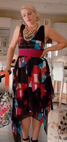 Laurie's black, red and blue printed handkerchief hem dress on Cougar Town