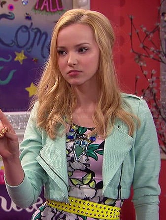 Liv's pink floral dress, mint cropped jacket and yellow studded belt on Liv and Maddie