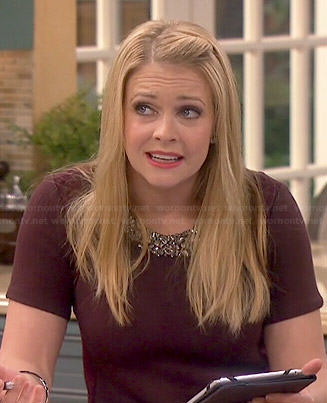 Mel's burgundy top with embellished neckline on Melissa and Joey