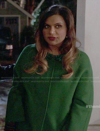 Mindy's green embellished collar coat on The Mindy Project