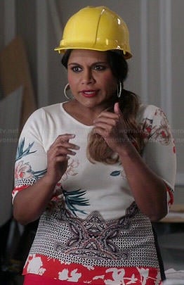 Mindy's white and orange printed top on The Mindy Project