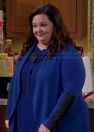 Molly's blue cardigan with leather sleeves on Mike and Molly