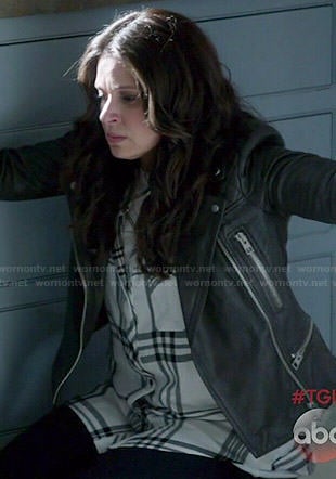 Quinn's white plaid shirt and leather jacket on Scandal