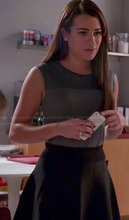 Rachel's grey top and black flared skirt on Glee