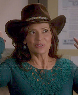 Regina's teal green embroidered front top on Switched at Birth