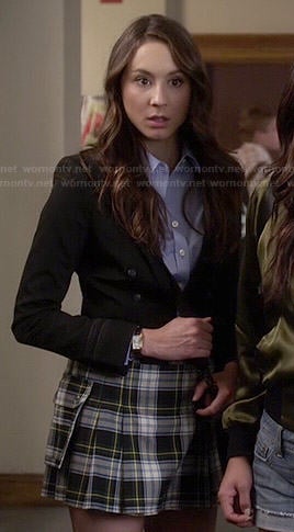 Spencer's plaid mini skirt and black blazer on Pretty Little Liars