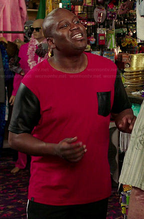Titus's red t-shirt with black leather pocket and sleeves on Unbreakable Kimmy Schmidt