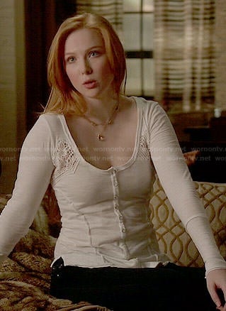 Alexis's white crochet inset henley top on Castle