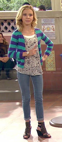 Avery's blue and green striped cardigan and studded wedges on Dog with a Blog